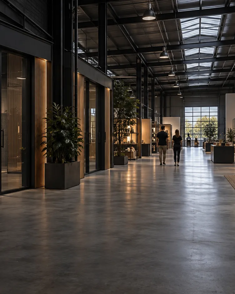 Concept visual of a proposed warehouse walkway between glass-fronted studios and a marketplace area