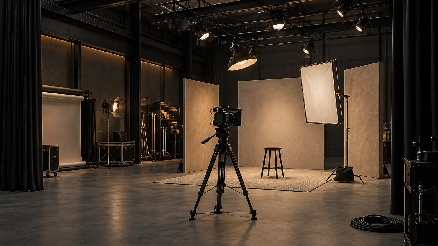 Concept visual of a proposed content studio, with a camera on a tripod facing an adaptable filming set
