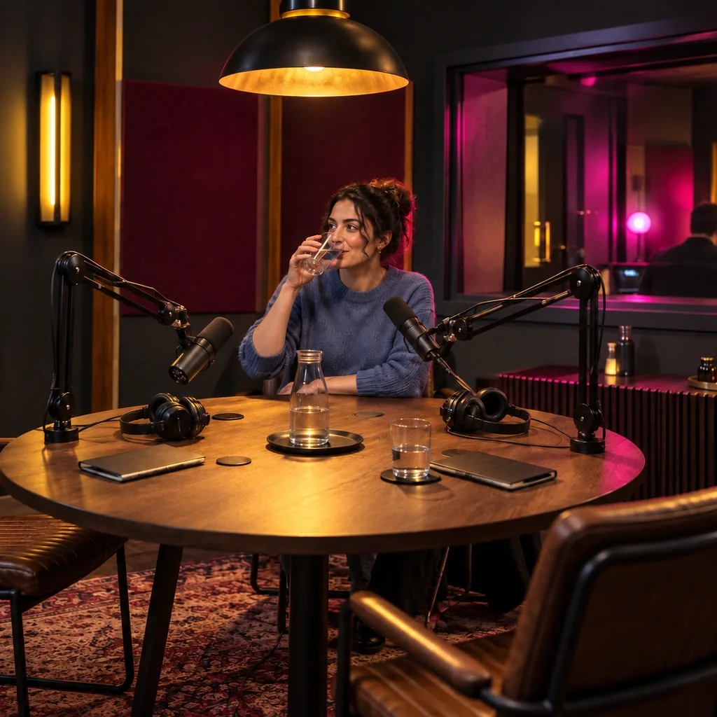 Concept visual of a proposed podcast studio with a host seated at a round table between two microphones on boom arms