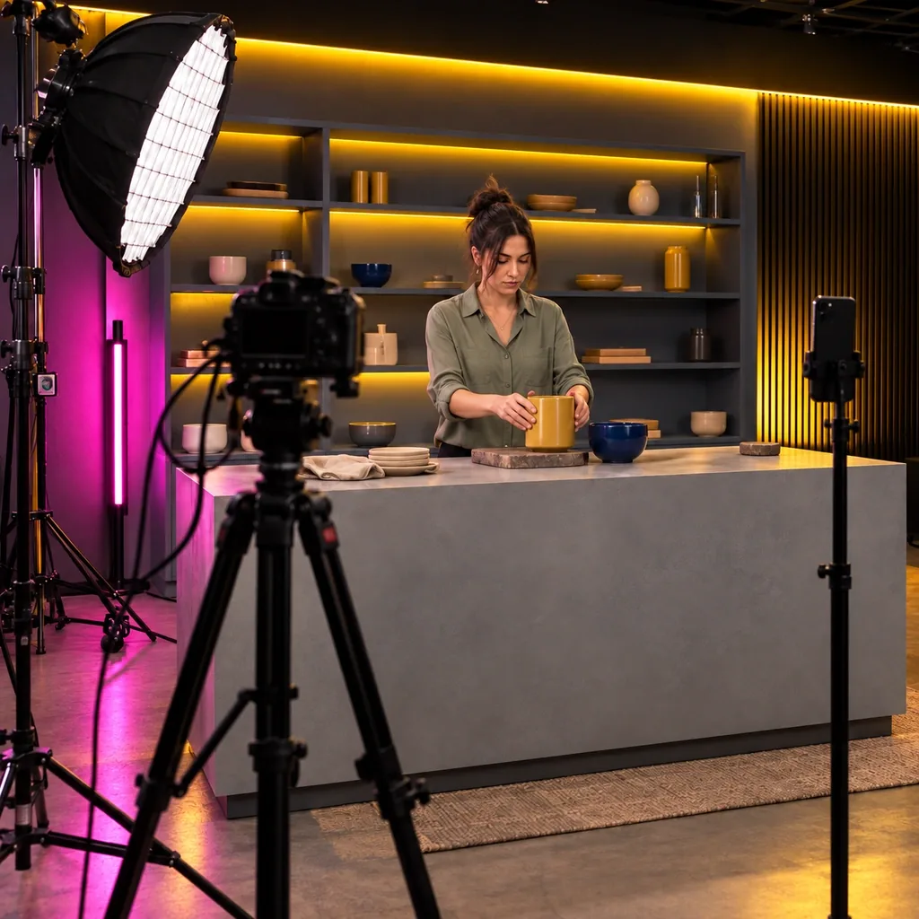 Concept visual of a proposed livestream studio with a presenter behind a demonstration counter facing a camera and a phone on stands