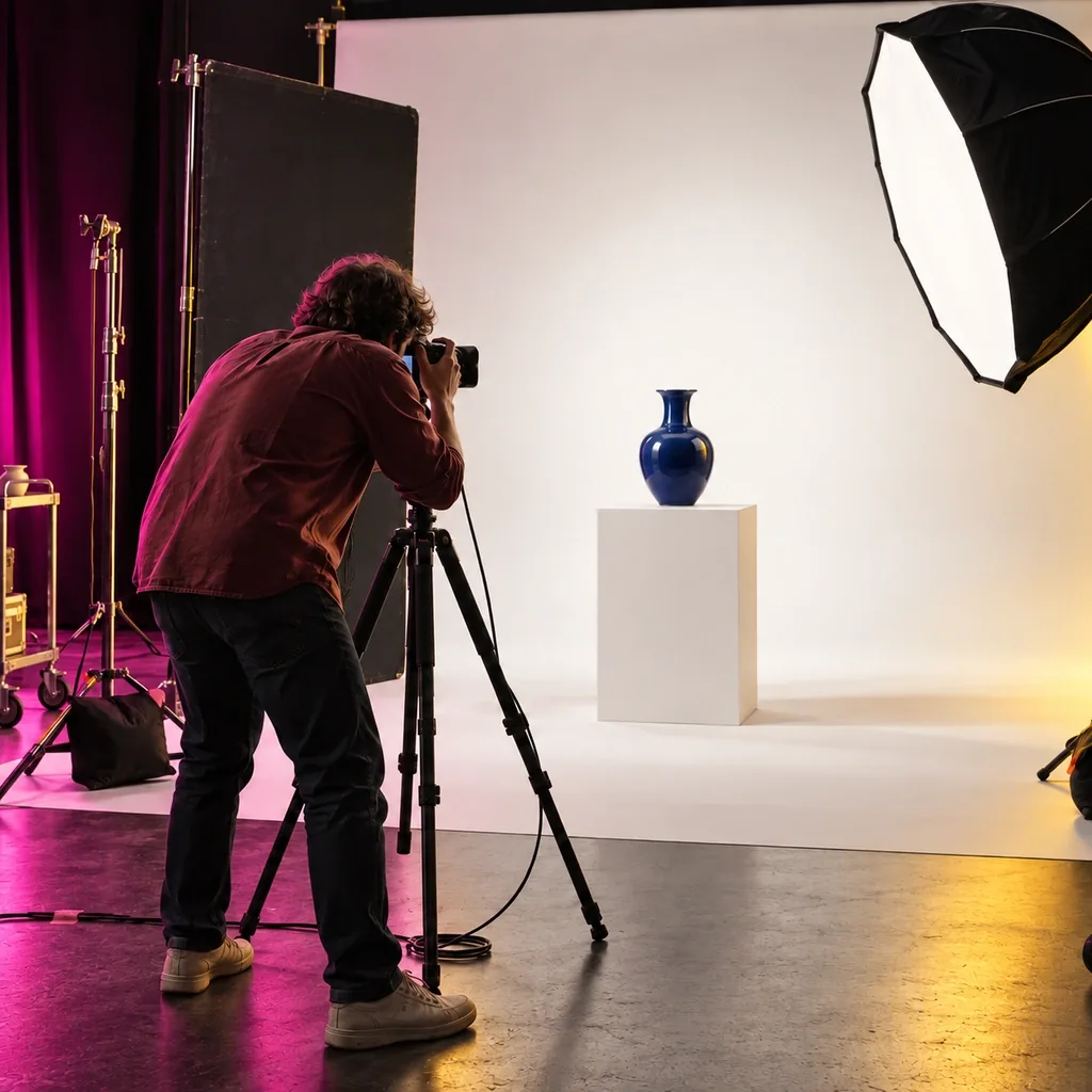 Concept visual of a proposed photography studio with a photographer shooting a vase on a plinth in front of a curved white wall