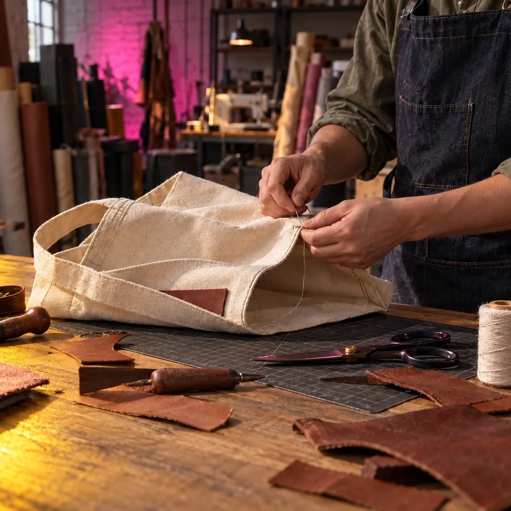 Concept visual of a proposed product creation workshop with hands stitching a canvas bag on a workbench of leather offcuts and tools