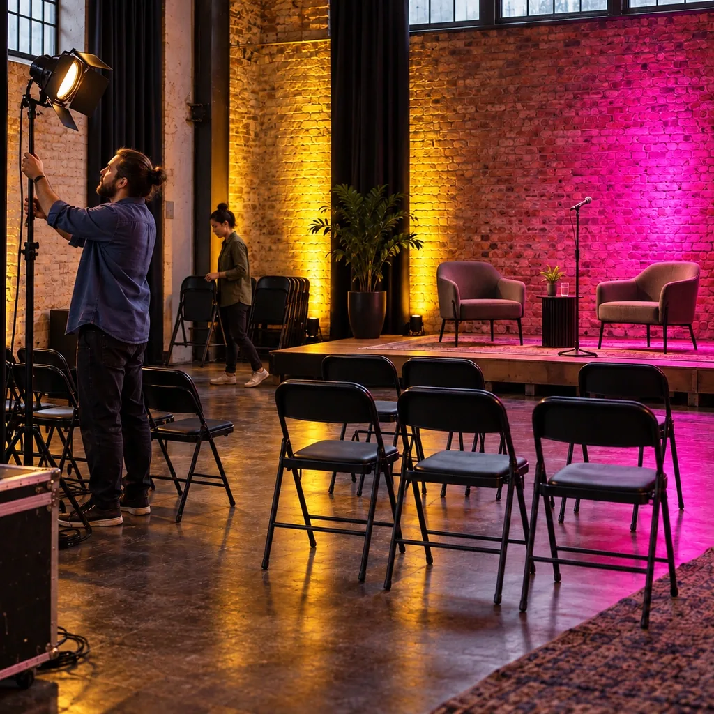 Concept visual of a proposed event space being set up, with rows of chairs facing a low stage and a technician adjusting a light