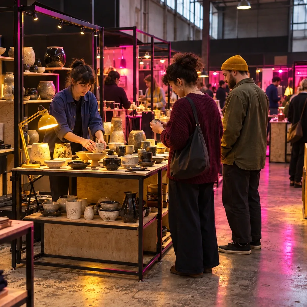 Concept visual of a proposed creator marketplace with shoppers browsing modular stalls of ceramics and textiles