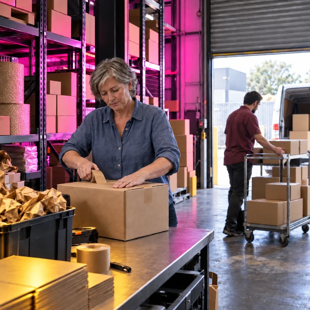 Concept visual of a proposed fulfilment area with a worker taping a box at a packing bench beside shelving and a trolley of parcels