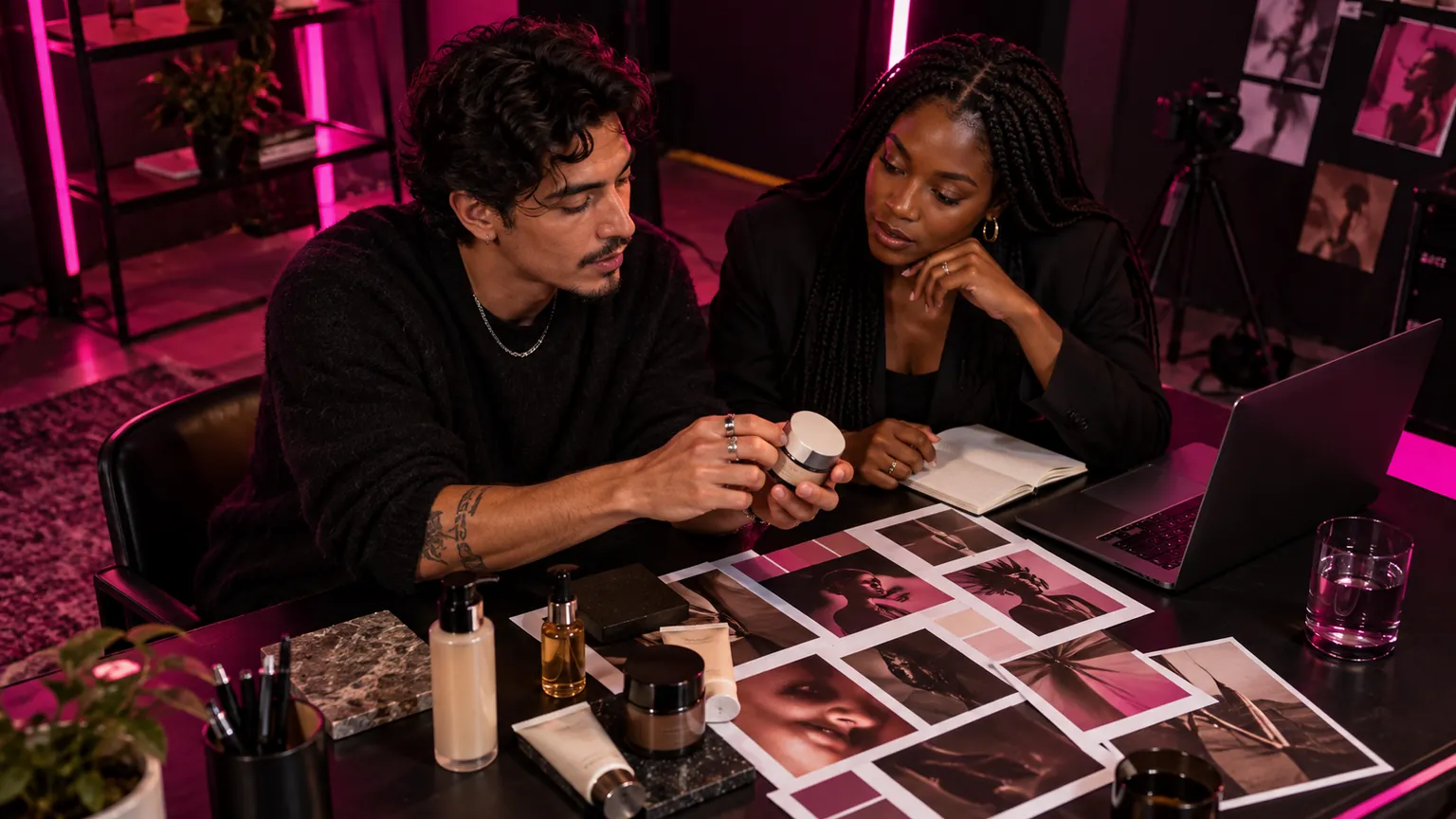 Creator and collaborator reviewing product samples and campaign images