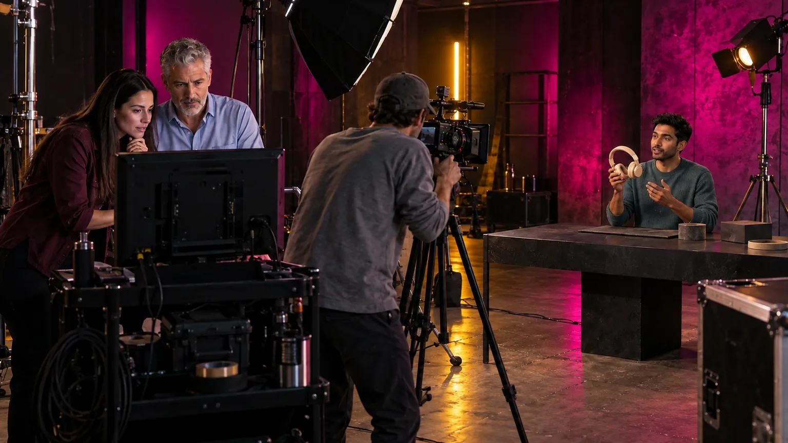 Illustrative image of a brand team reviewing a monitor while a creator presents a product on a studio set