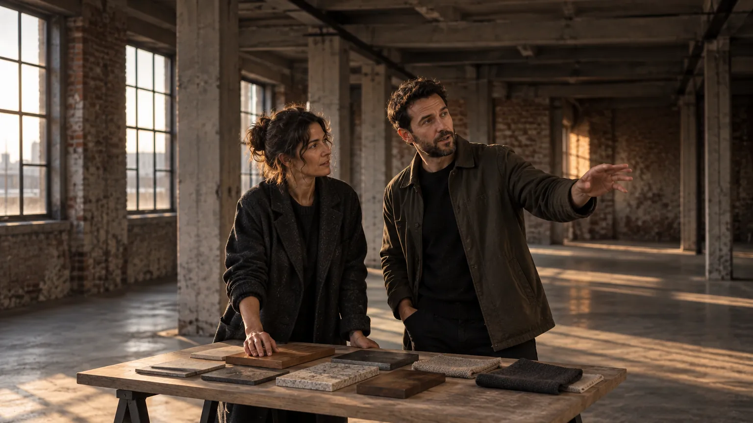 Illustrative image of two people discussing material samples inside an empty commercial building