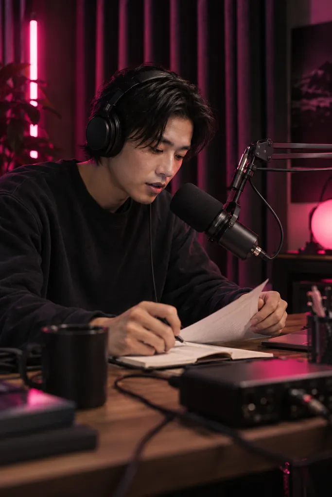 Creator rehearsing a podcast recording