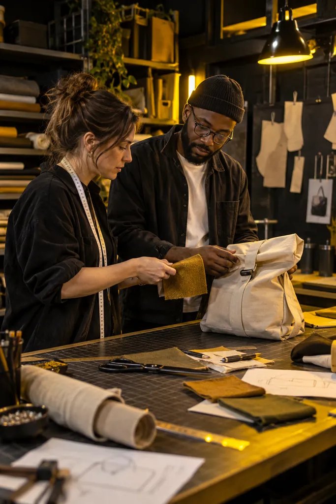 Collaborators examining a textile bag prototype