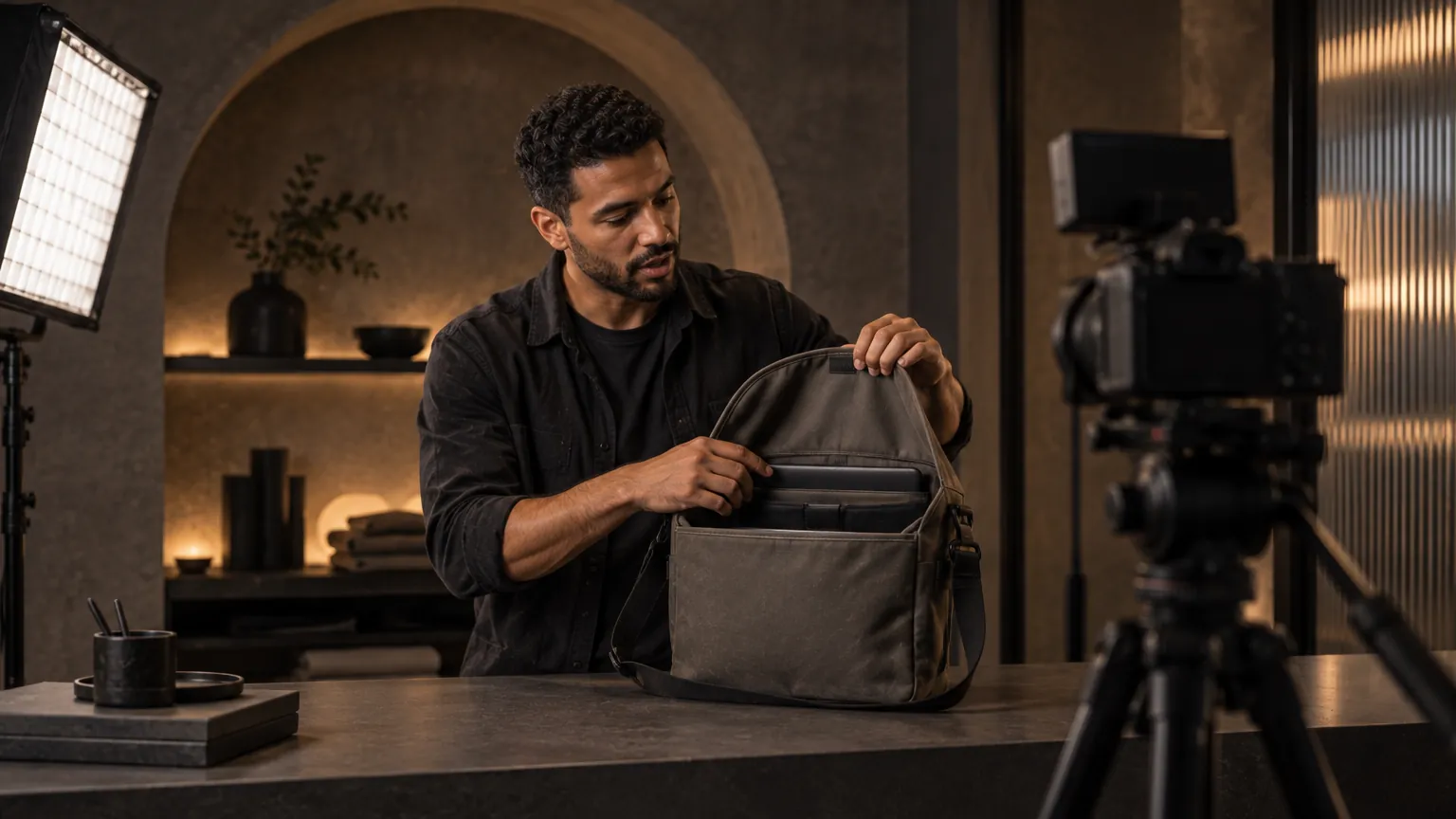 Illustrative image of a creator presenting a bag to a camera