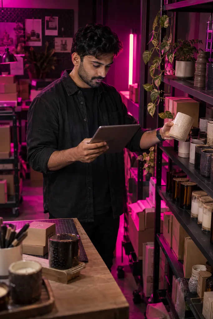 Founder checking orders beside handmade products