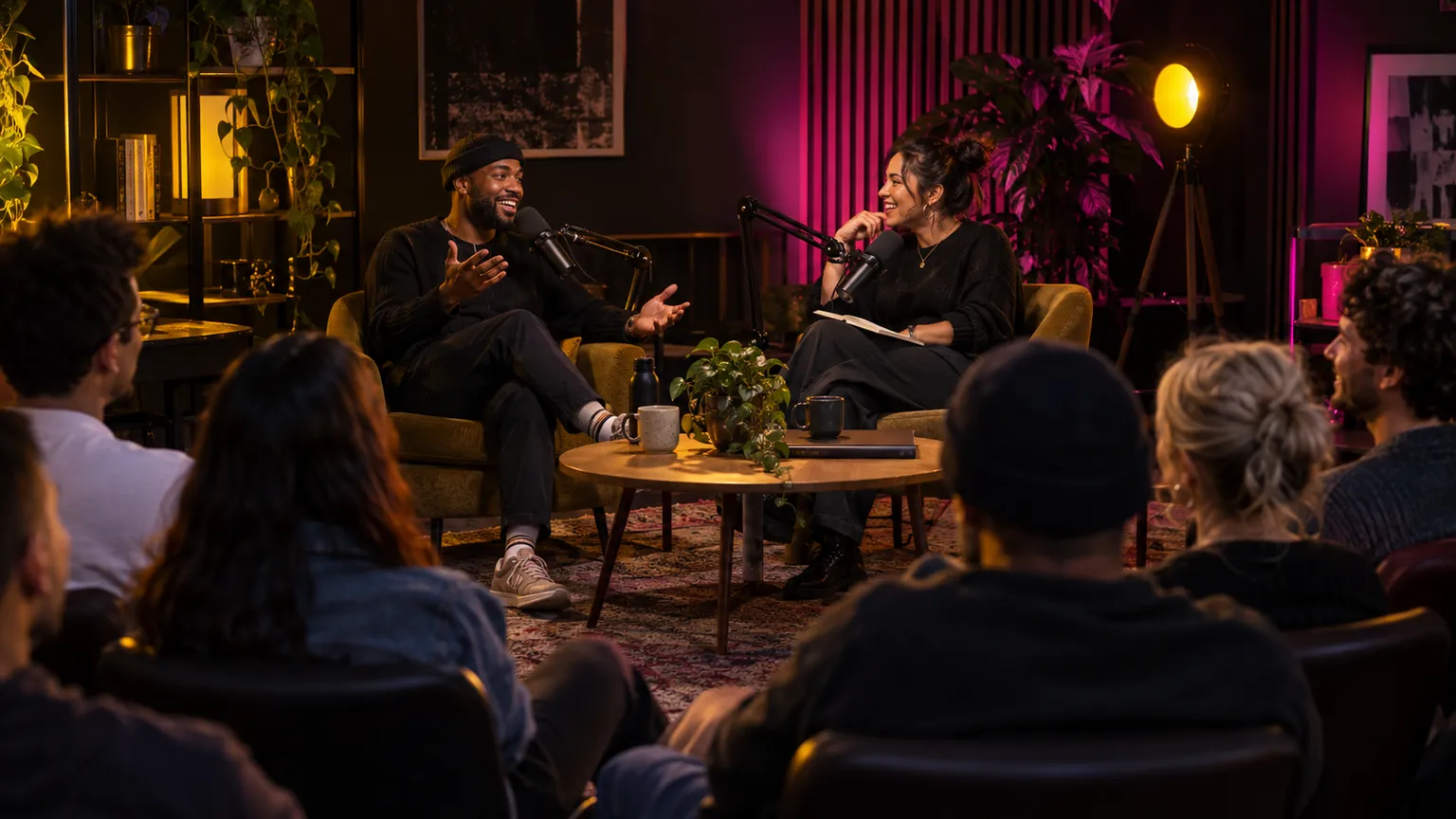 Podcast hosts recording before a small audience