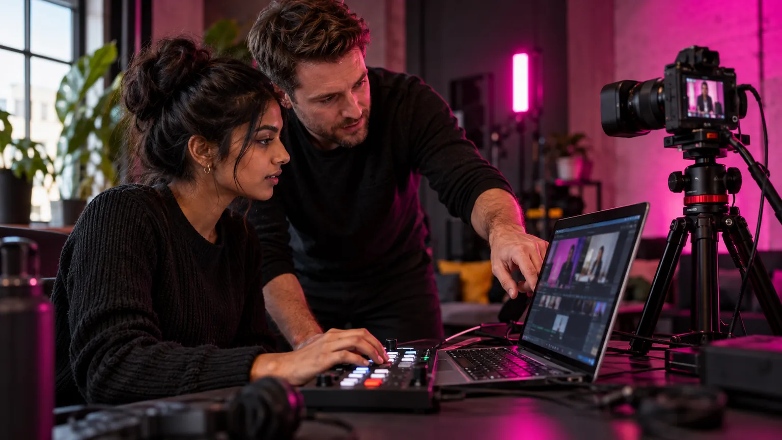Instructor helping a creator use livestream equipment