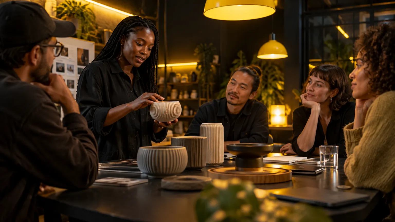 Founder presenting a new ceramic product to a small group