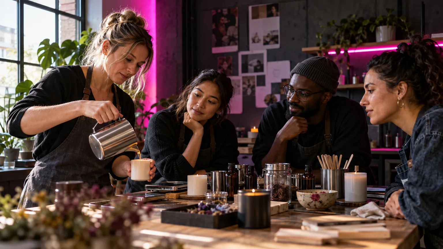 Maker demonstrating a product technique to a small group