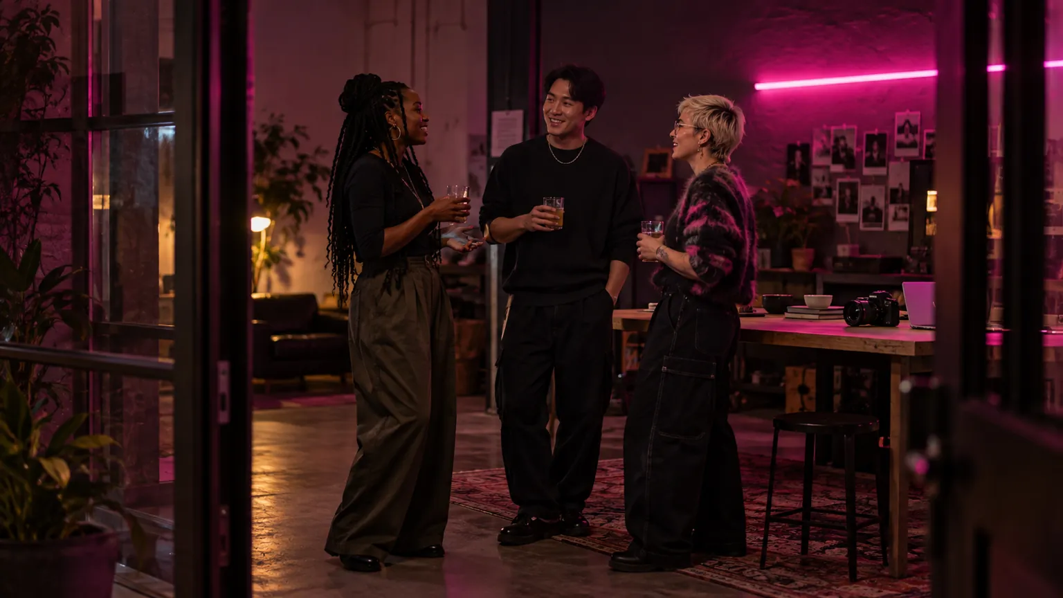 Three creators talking at a small gathering