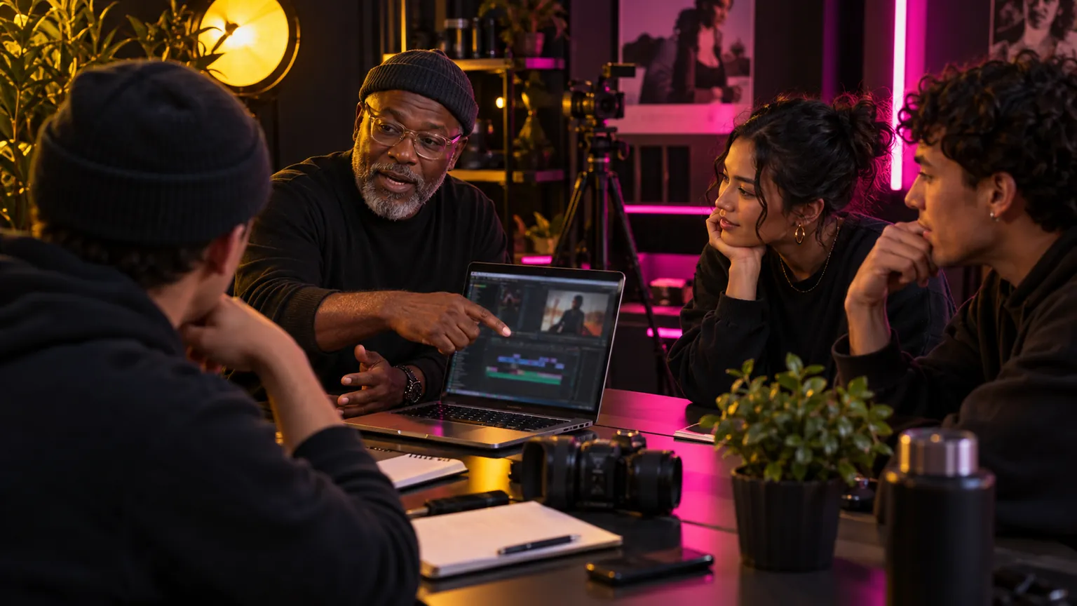 Creator demonstrating a video editing technique to peers