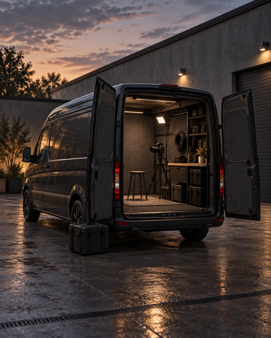 Concept visual of a future mobile production van with open rear doors showing a camera and lighting setup
