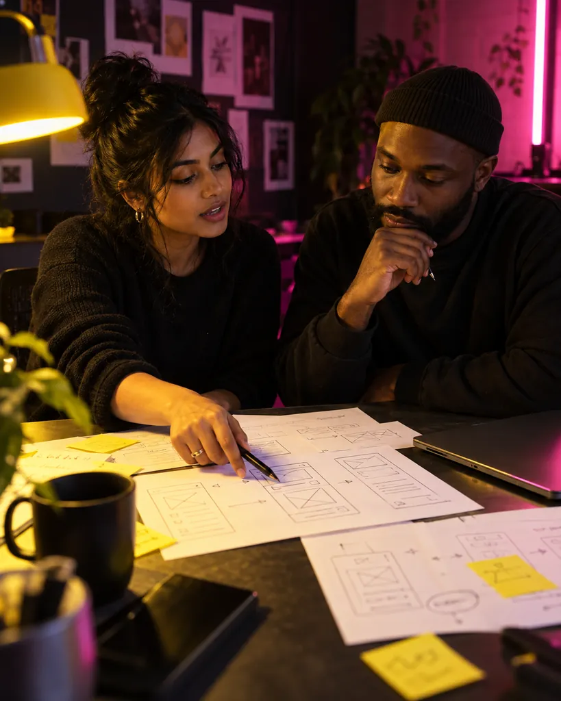 Creator and designer reviewing paper wireframes for a proposed platform